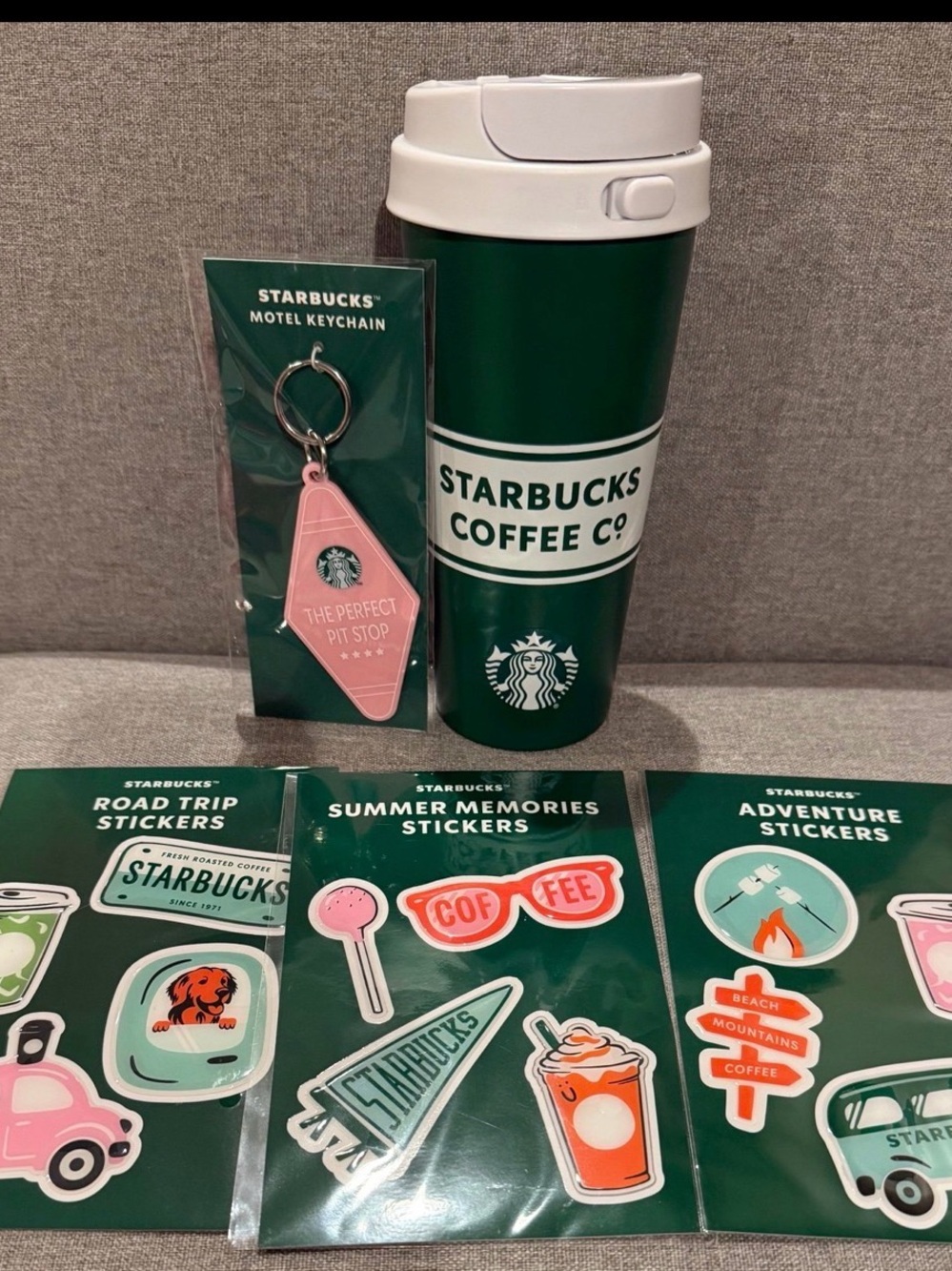 Starbucks Green & White Travel Tumbler with Pink Motel Keychain and Sticker Pack